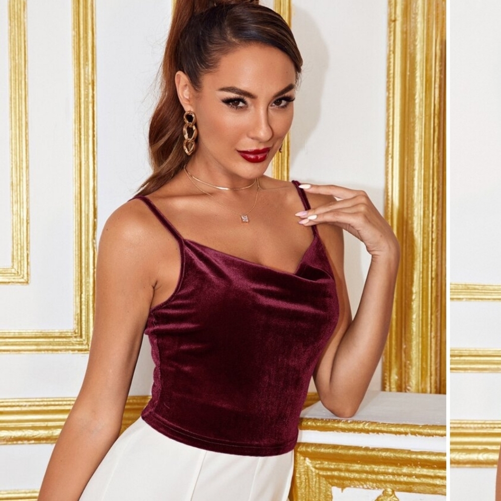 VELVET BURGUNDY DRAPE CROP CAMI TOP LARGE ☆